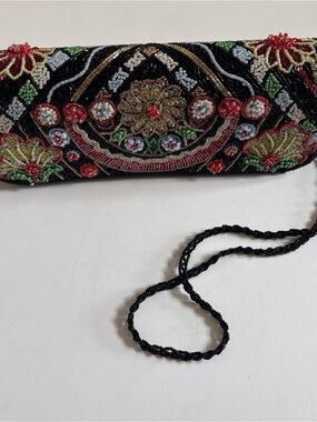 La Regale Black Beaded Floral Evening Clutch with Red, Green & Gold Accents